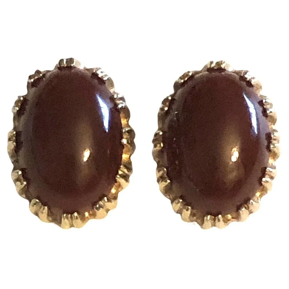 Reja Glass Domed Carnelian Cabochon Gold Plated Signed Clip On Earrings